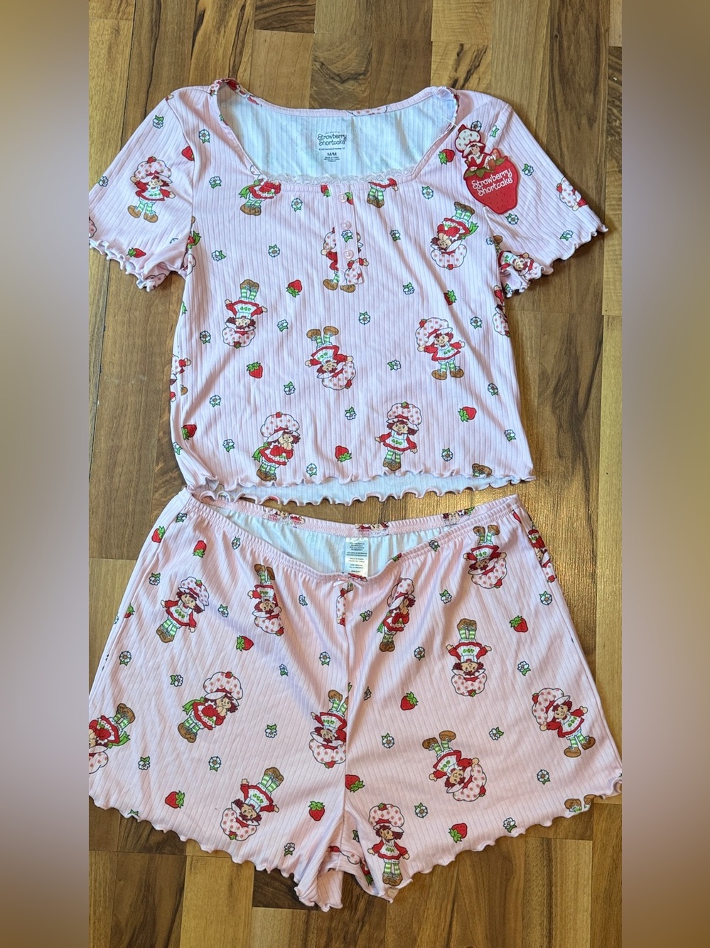 Strawberry Print Pink Kids Pajama Set - Short Sleeve Top & Shorts
